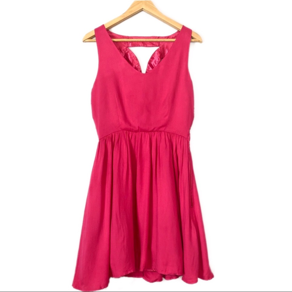 Zunie Pink V-neck Flared Dress with Cutout Back